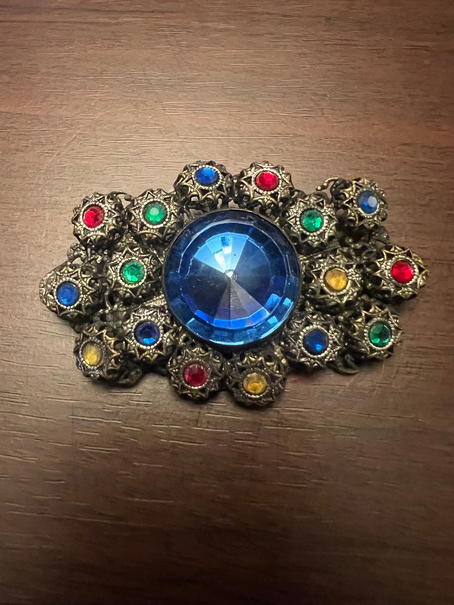 Czech Multicolor Rhinestone Gold-Tone Filigree Brooch
