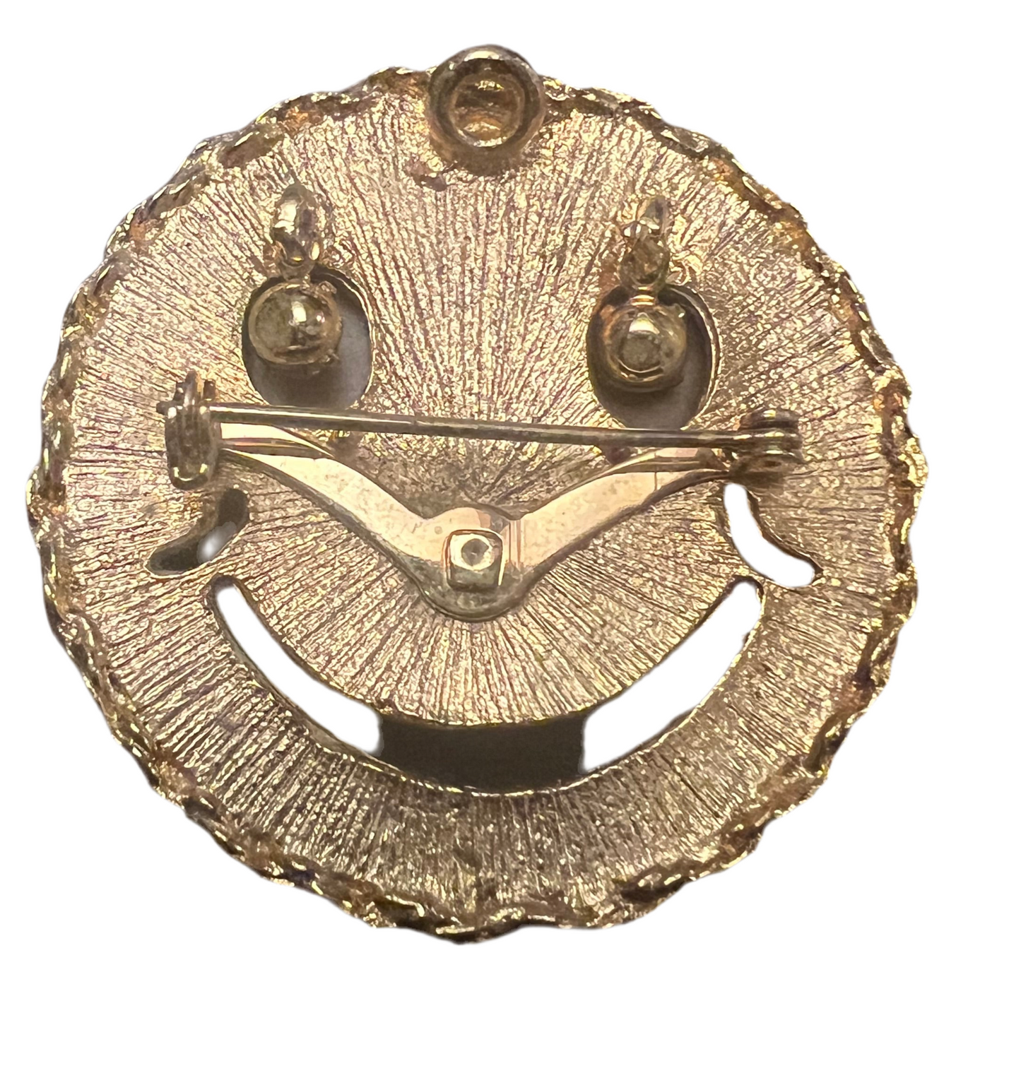 Gold-Toned Smiley Face Pendant with Rhinestone Eyes Brooch