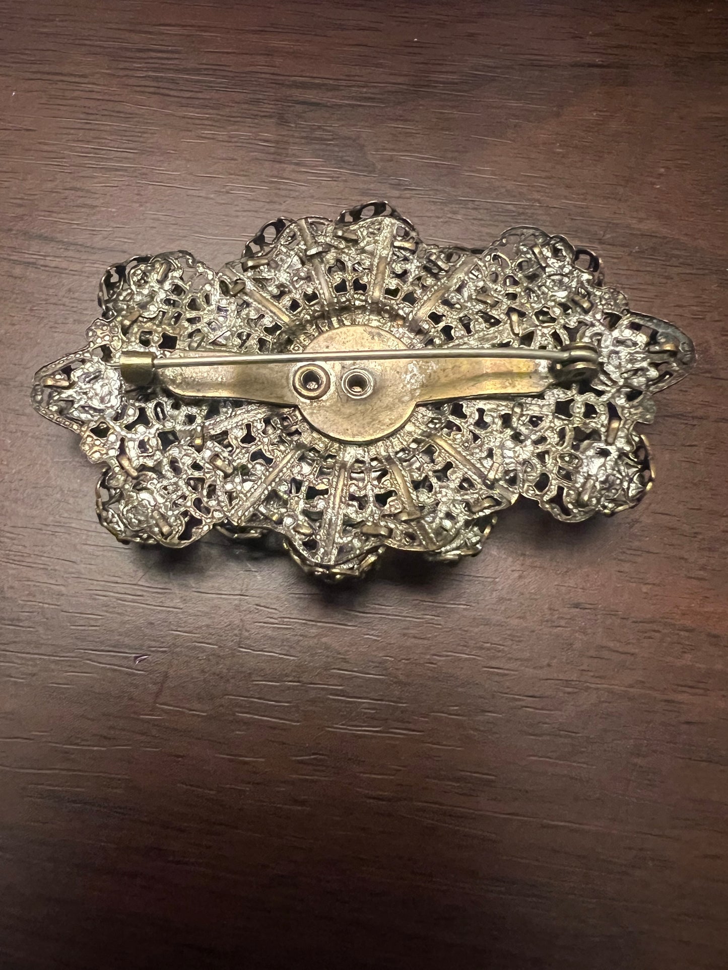 Czech Multicolor Rhinestone Gold-Tone Filigree Brooch