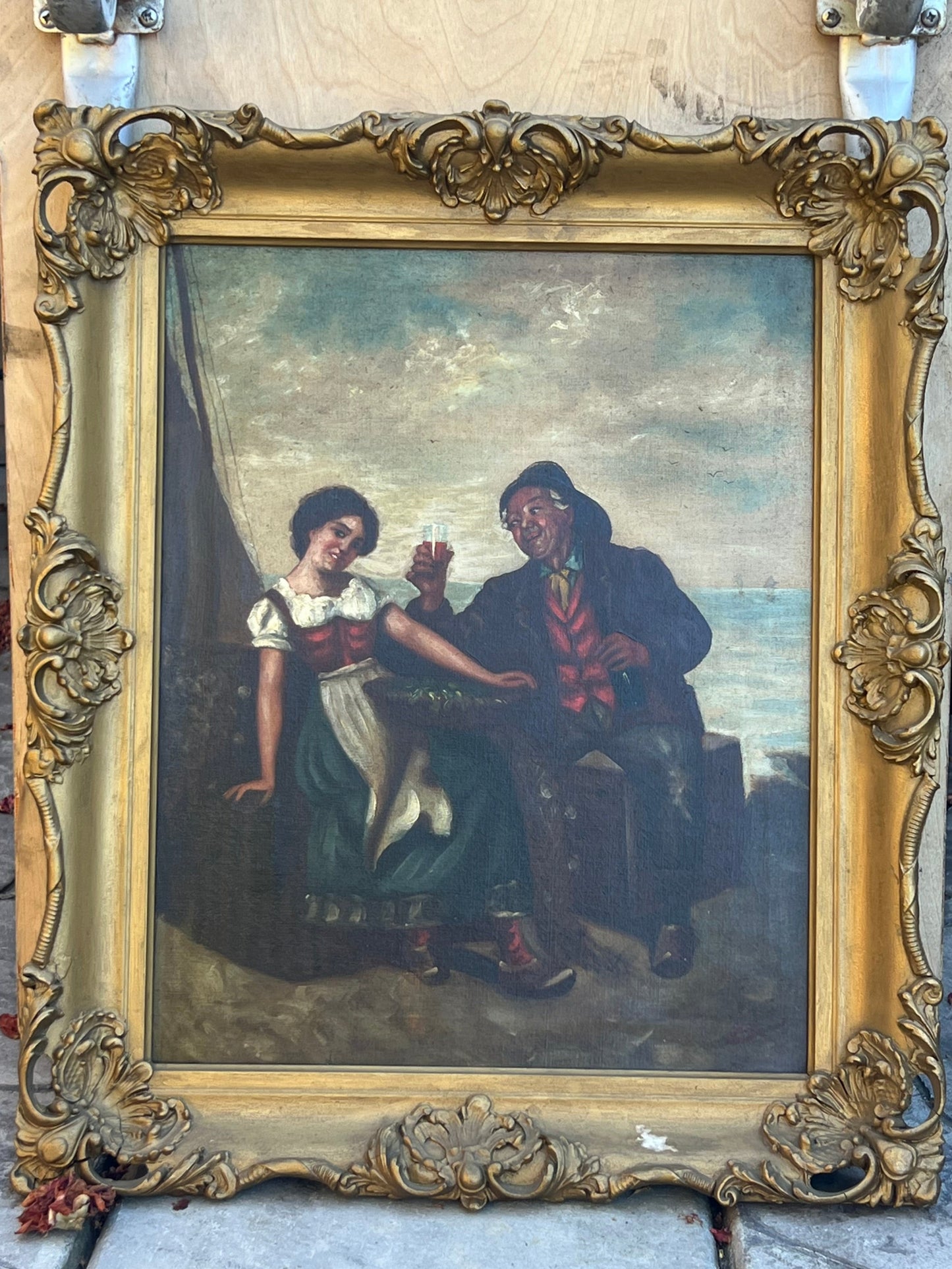 Old Sailor & Maiden Victorian Oil Painting