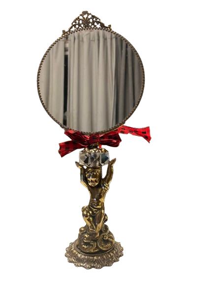 French Vintage 17" Vanity Mirror, Gold Ormolu Cherub