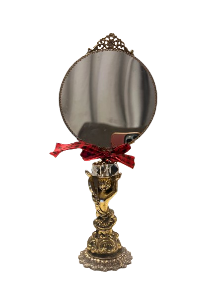 French Vintage 17" Vanity Mirror, Gold Ormolu Cherub