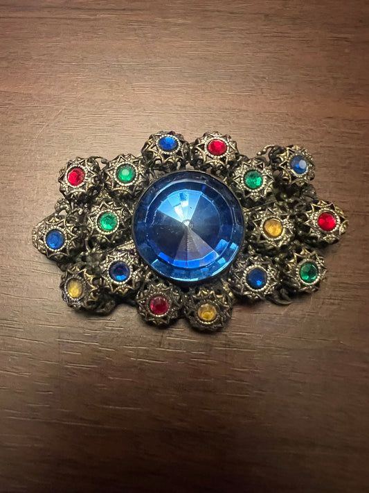 Czech Multicolor Rhinestone Gold-Tone Filigree Brooch