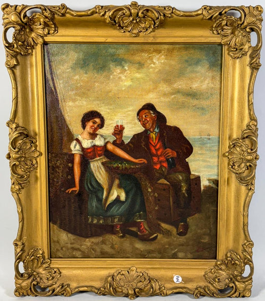Old Sailor & Maiden Victorian Oil Painting