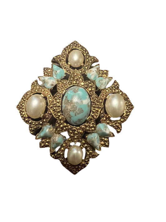 Sarah Coventry Gold-Toned, Faux Pearl and Turquoise Brooch