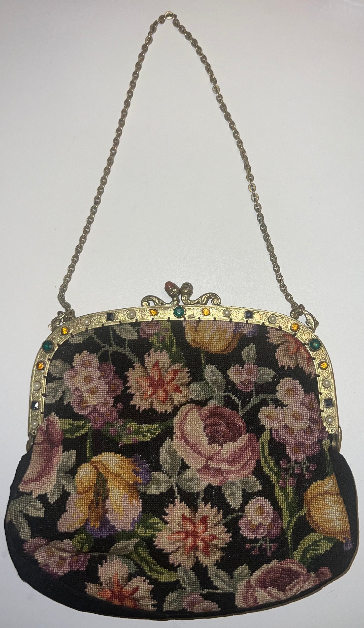 1920's Art Deco Gemstone Floral Needlepoint Brass Closure Bag