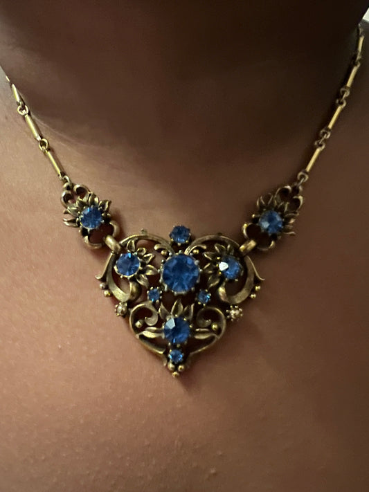 1940's Signed Coro Blue Rhinestone Brass Gold Chain Necklace