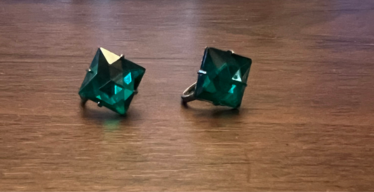 Emerald Cut, Green Rhinestone Screw Back Earrings