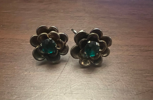 Floral Green Stone Screw Back Earrings