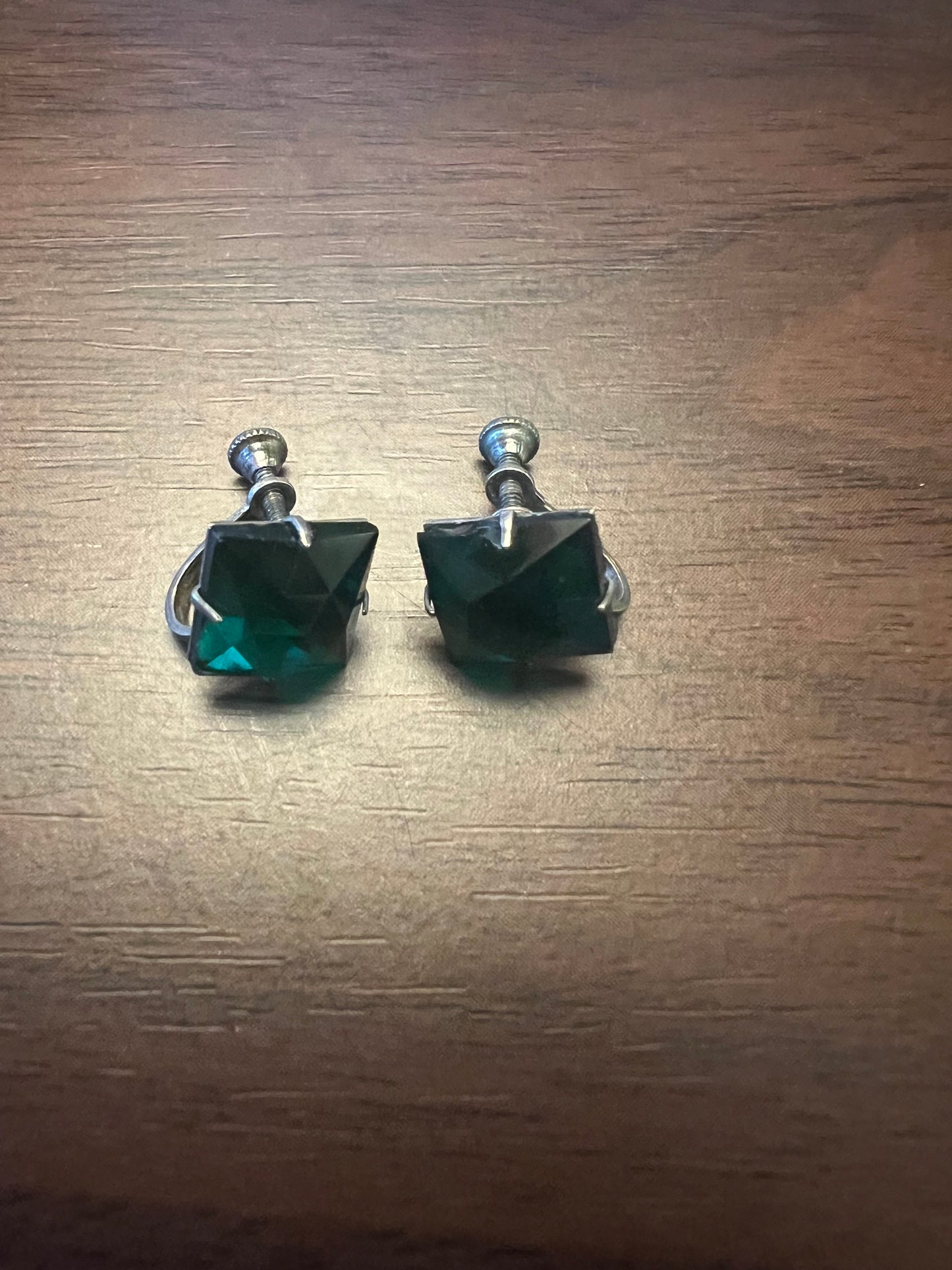 Emerald Cut, Green Rhinestone Screw Back Earrings