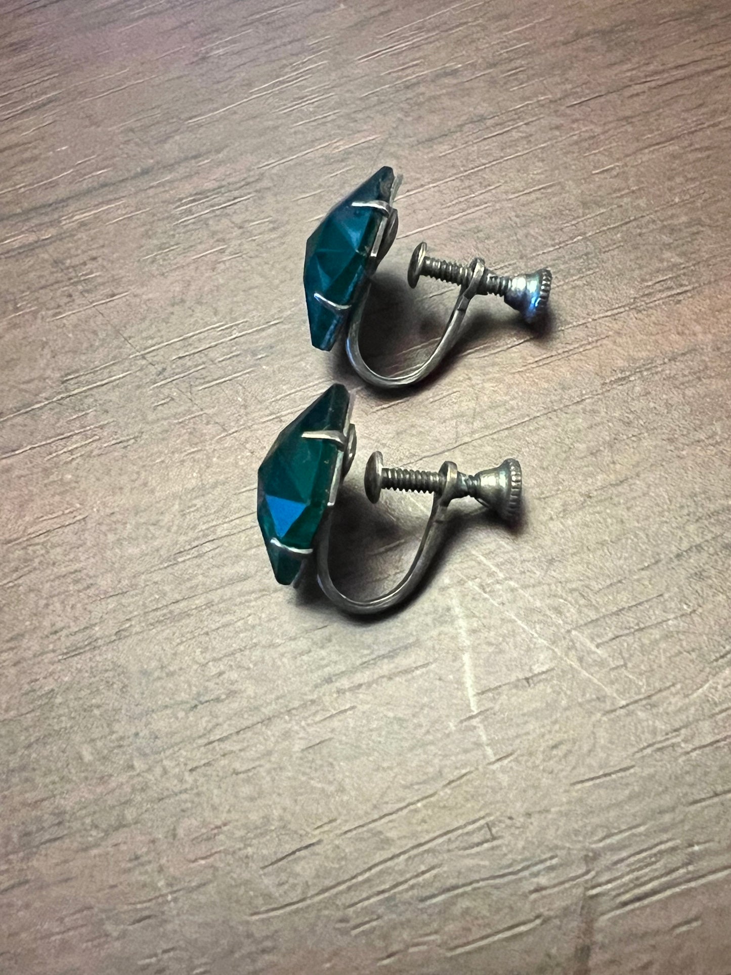 Emerald Cut, Green Rhinestone Screw Back Earrings