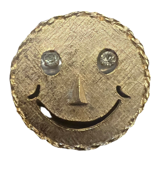 Gold-Toned Smiley Face Pendant with Rhinestone Eyes Brooch