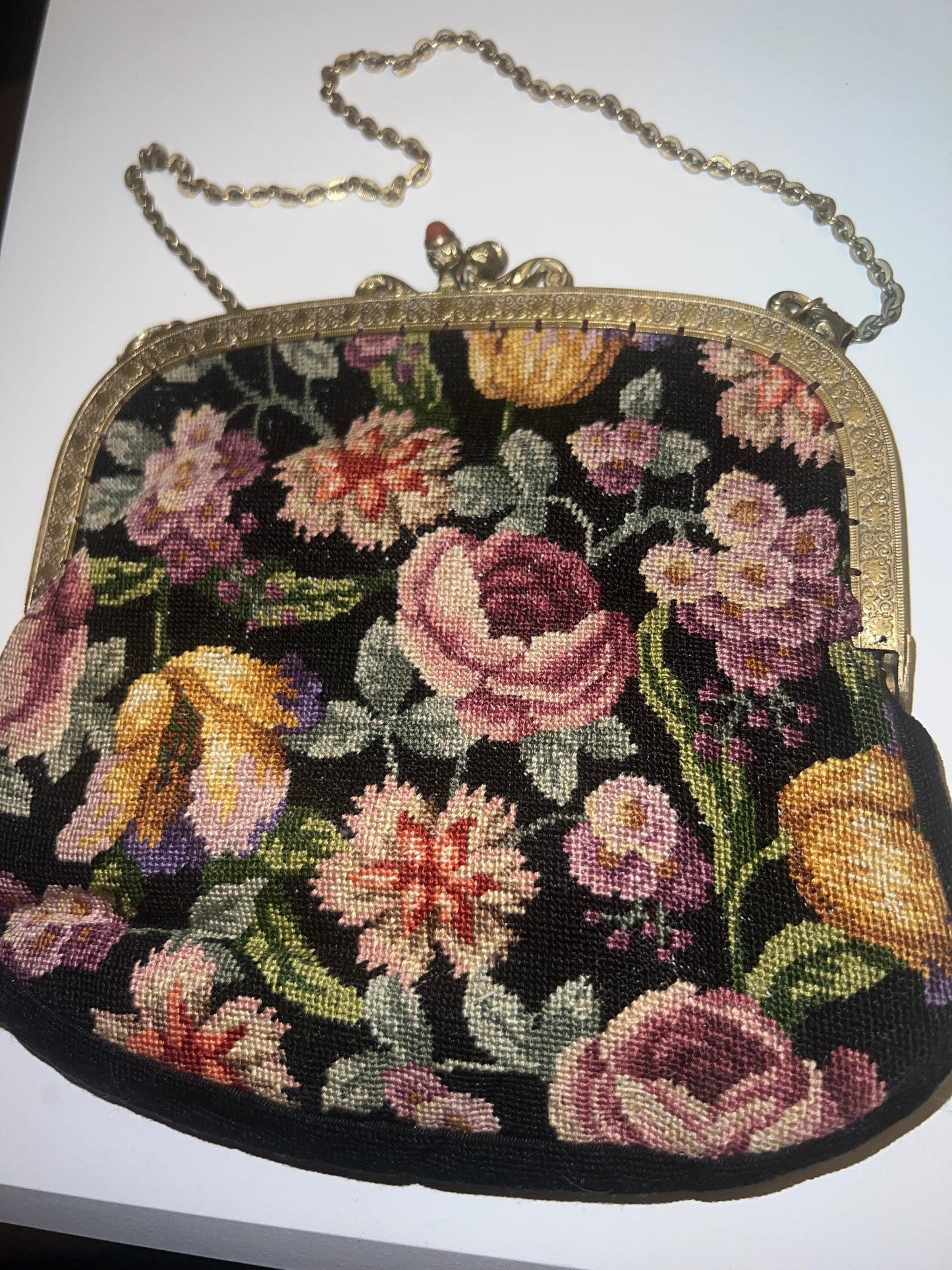 1920's Art Deco Gemstone Floral Needlepoint Brass Closure Bag