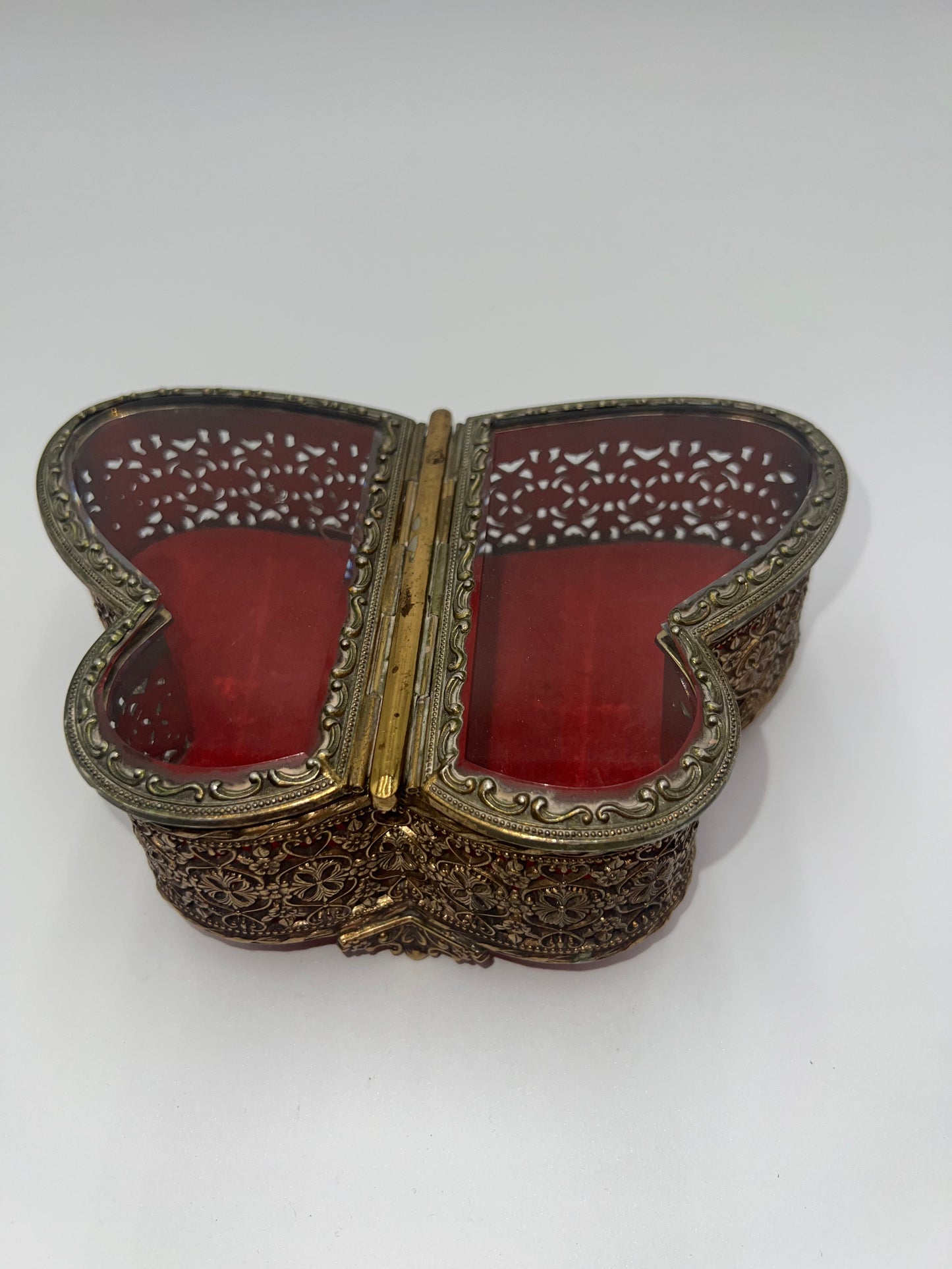 1940’s Filigree Butterfly Beveled Glass Casket Box